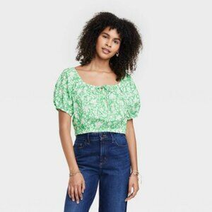 NWT UNIVERSAL THREAD Puff Short Sleeve Peasant Blouse in Green 💚 Floral